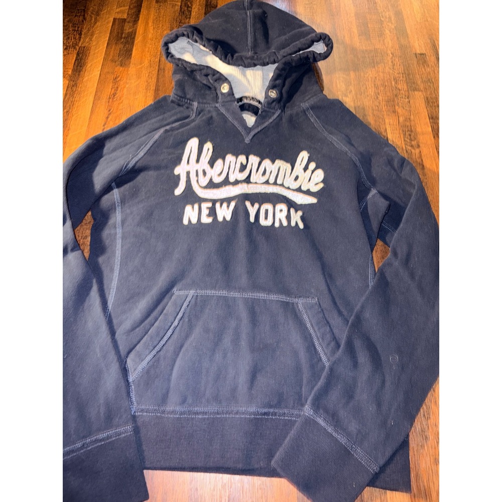 Abercrombie & Fitch Navy Blue Chenille Logo Sequin Pullover Hoodie Large